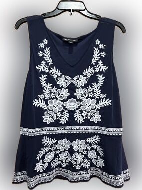 INC International Concepts Navy Tank Top with White Floral Embroidery XL